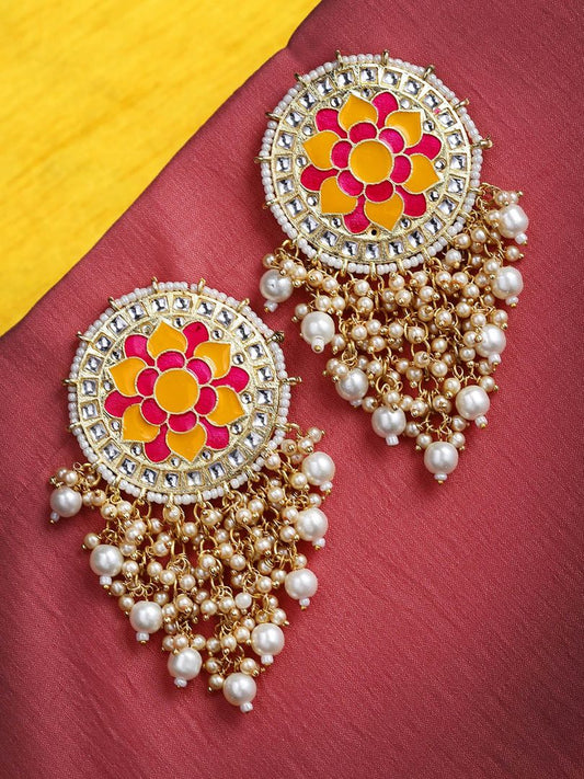 Mandala Pattern Floral Pink and Yellow Meenakari Drop Earrings for Womens by House of Ree | Swadesiicart