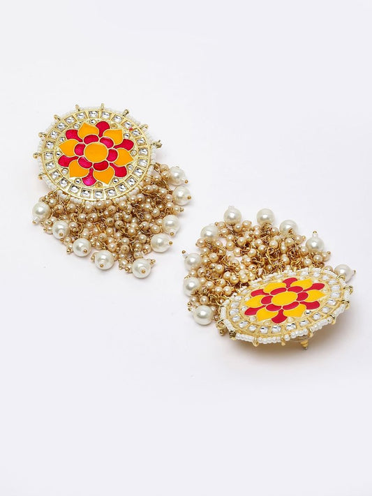 Mandala Pattern Floral Pink and Yellow Meenakari Drop Earrings for Womens by House of Ree | Swadesiicart
