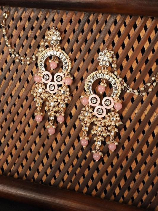 Anikas Creation Pink & Gold-Polished Kundan Contemporary Chandbalis With Ear Chain Earrings | Swadesiicart