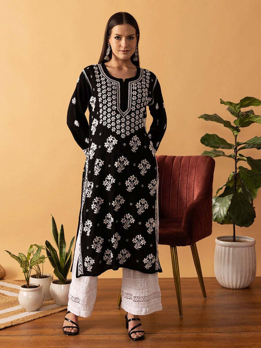 ADA Floral Printed Lucknowi Chikankari Kurta | Swadesiicart