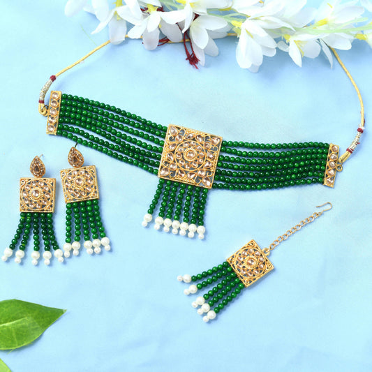 Mominos Fashion Johar Kamal Gold-Polished Kundan & Pearls Necklace Green/Golden Color Choker Set | Swadesiicart
