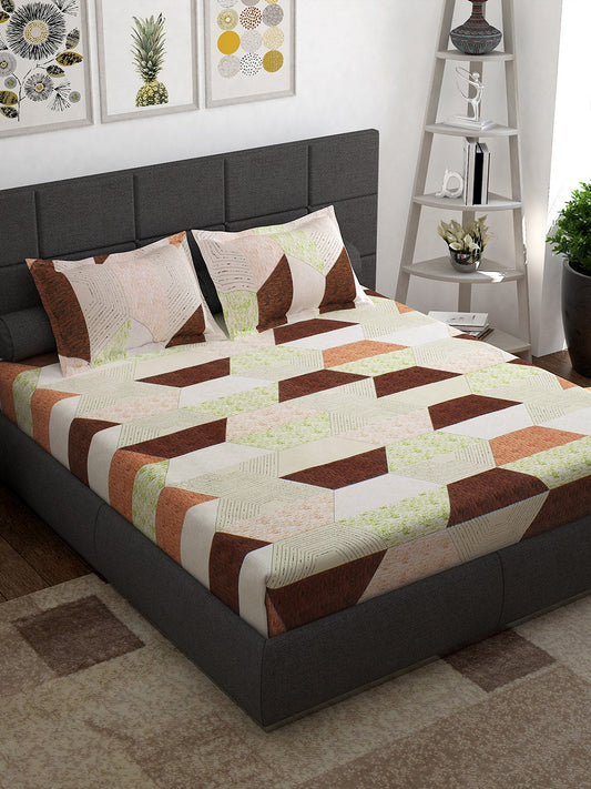 Story@home Cream-Coloured Geometric 152 TC Cotton 1 Queen Bedsheet with 2 Pillow Covers - Swadesiicart