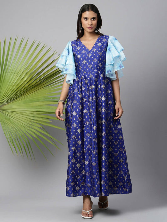 Ahalyaa Women Royal Blue Poly Silk Gold Paste Printed Dress | Swadesiicart