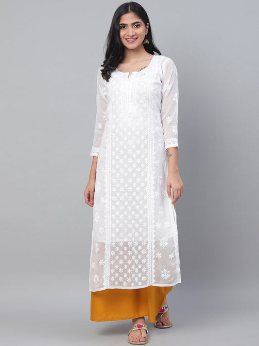 ADA Women White Chikankari Hand Embroidered Semi-Sheer Straight Kota Handloom Kurta | Swadesiicart