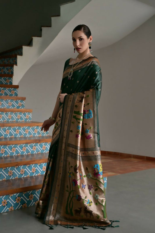 Vishnu Weaves Women's Bt-Green Paithani Silk Zari Woven Saree with Blouse - Swadesiicart