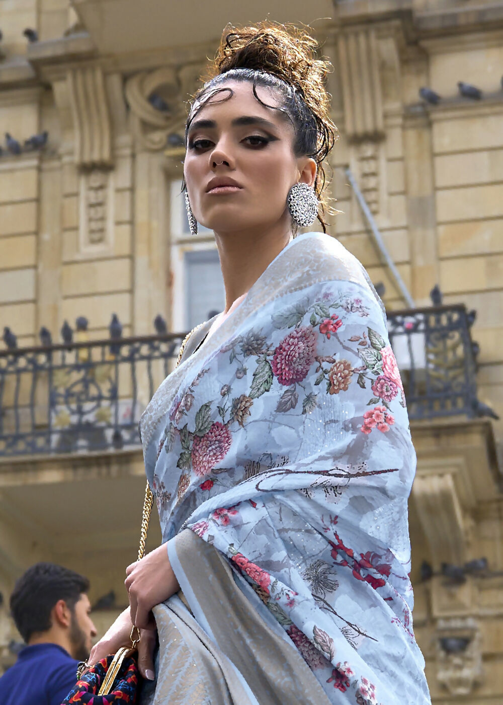 Lovely Sky Blue Polly Brasso Designer Saree - Emponline | Swadesiicart