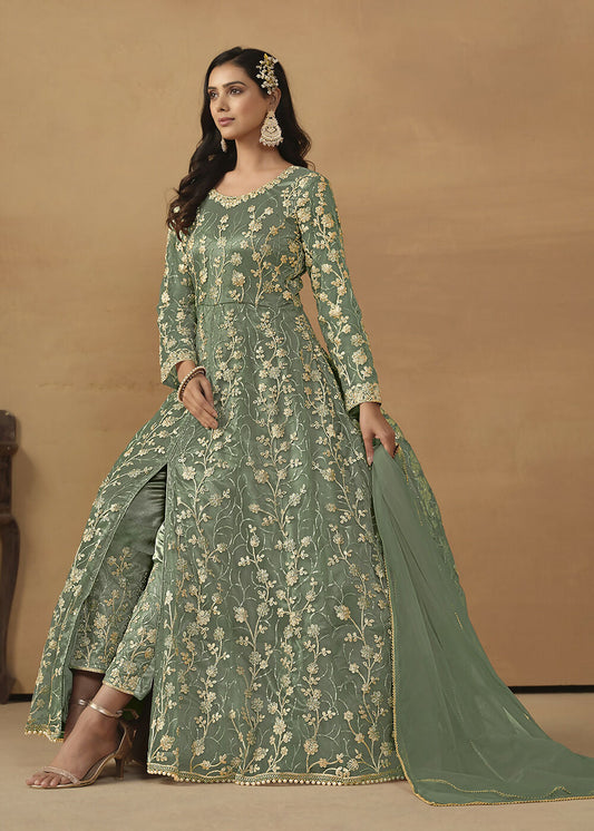 Pant Style Sage Green Embroidered Net Wedding Anarkali Suit - Emponline | Swadesiicart
