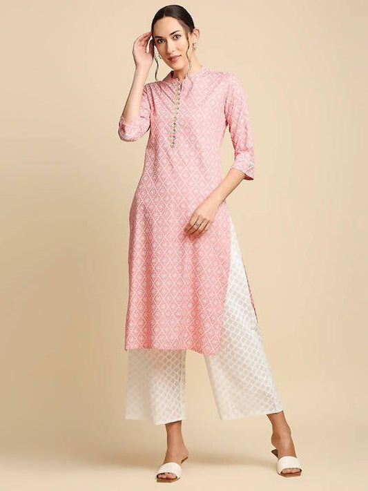 Anubhutee Peach-Coloured & White Khari Printed Straight Kurta