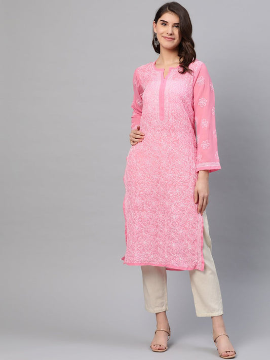 ADA Women Pink & White Chikankari Embroidered Straight Sustainable Handloom Kurta | Swadesiicart