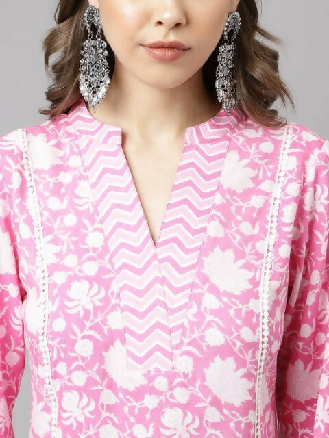 FIORRA Women's Pink Cotton A-Line Kurta Set - Swadesiicart