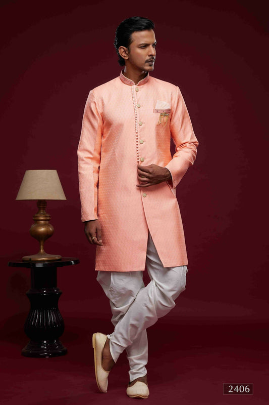 Raivat Ethnic Banarasi Jacquard Embroidery Semi Indo Western Sherwani In Pink Colour | Swadesiicart