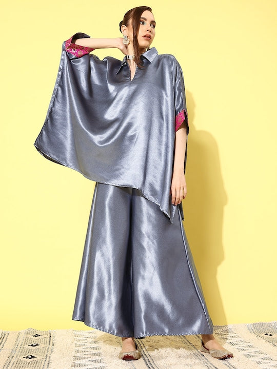 InWeave Women's Grey Pink Brocade Satin Boho Kurta Palazzo Set - Swadesiicart