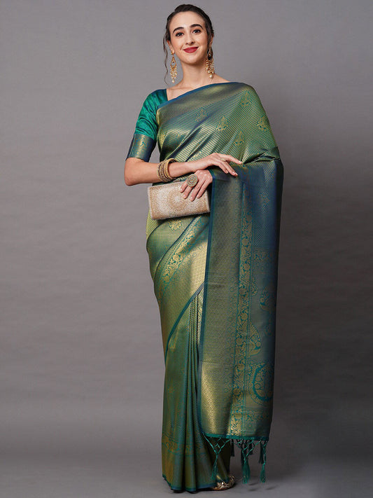Mitera Teal & Gold-Toned Woven Design Zari Silk Blend Banarasi Saree | Swadesiicart