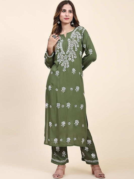HOUSE OF KARI Floral Embroidered Thread Work Pure Cotton Kurta with Trousers | Swadesiicart