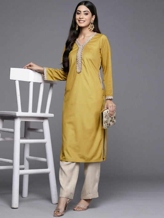 Ahalyaa Women Mustard Yellow & Golden Ethnic Motifs Yoke Design Velvet Kurta | Swadesiicart