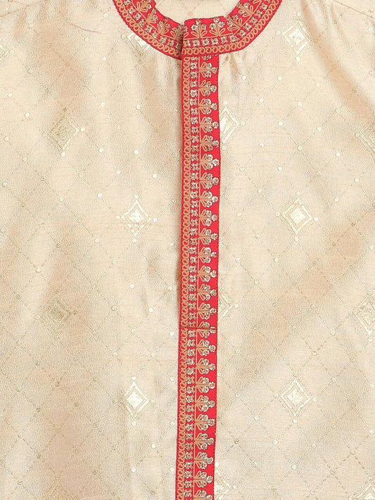 Ahalyaa Beige Poly Silk Gold Print Kids Kurta Churidar Set For Boys