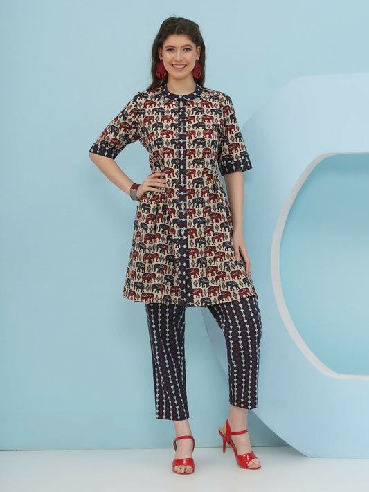 Joban Fashion Elephant Printed Co Ord Set - Beige - Swadesiicart