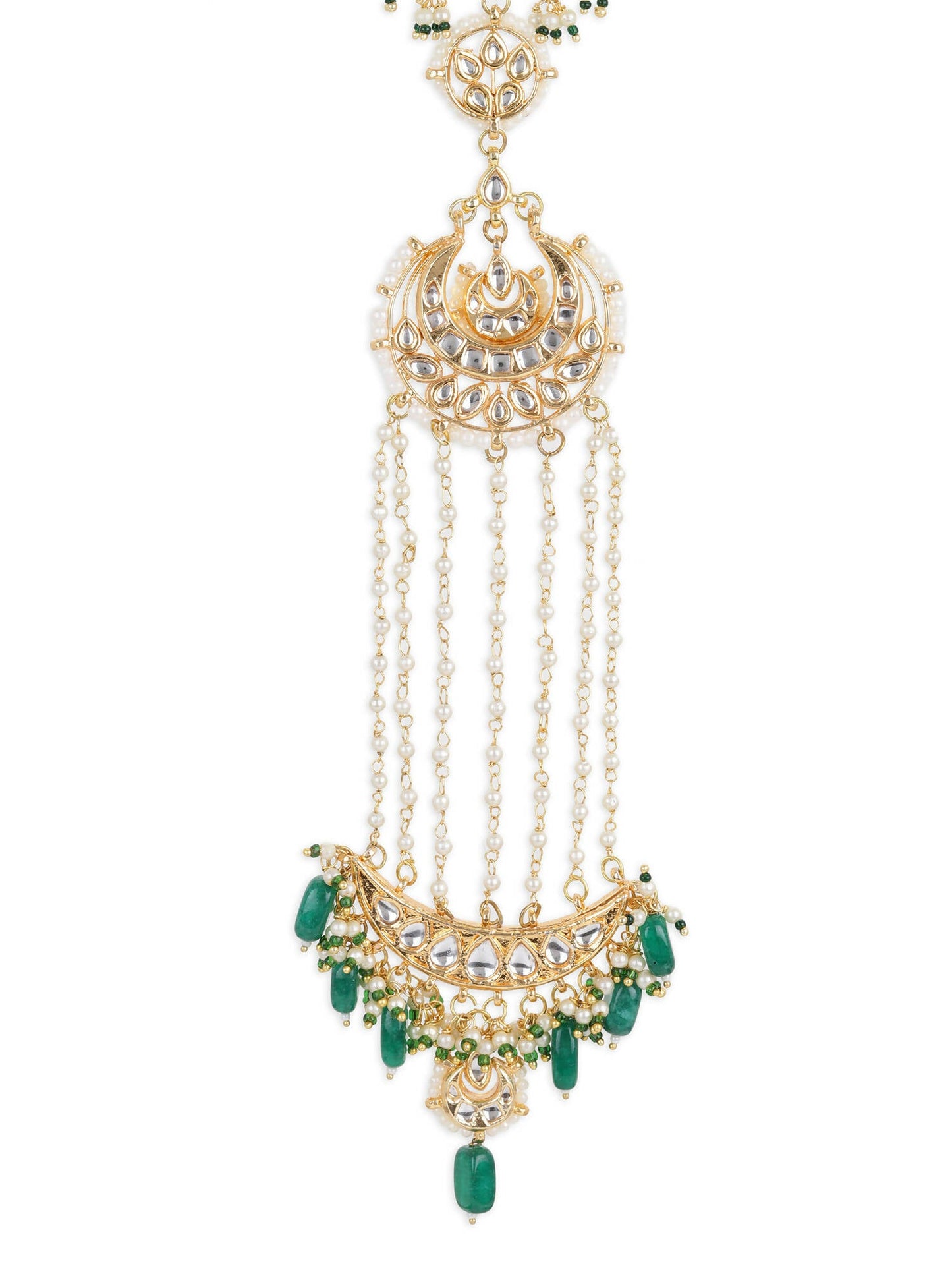 Gold-Polished Green Kundan Stone-Studded Head Chain - Ruby Raang | Swadesiicart