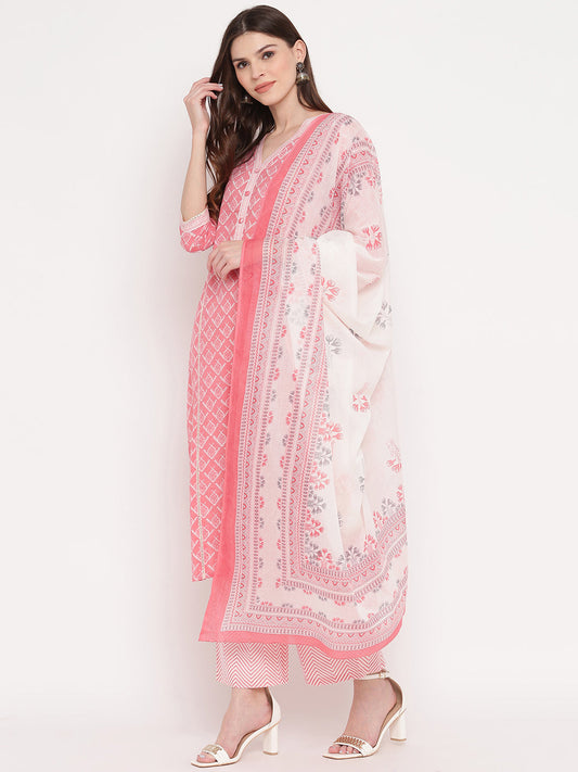 NOZ2TOZ Women Light Pink Cotton Kurta With Palazzo & Dupatta (3Pcs Set) - Swadesiicart