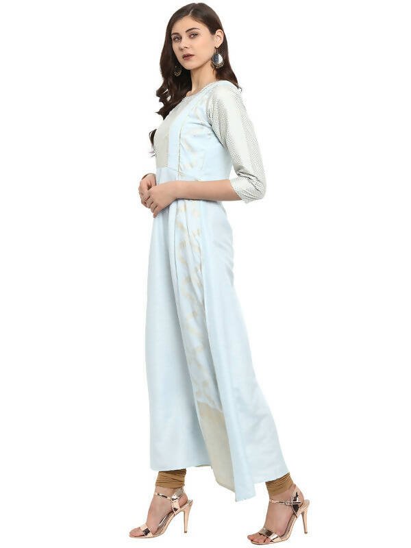 Ahalyaa Women Blue & Silver-Coloured Yoke Design A-Line Kurta | Swadesiicart