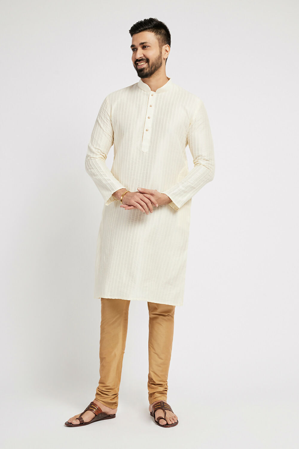 Ethnic India Cream Men's Kurta Striped Polyester | Swadesiicart