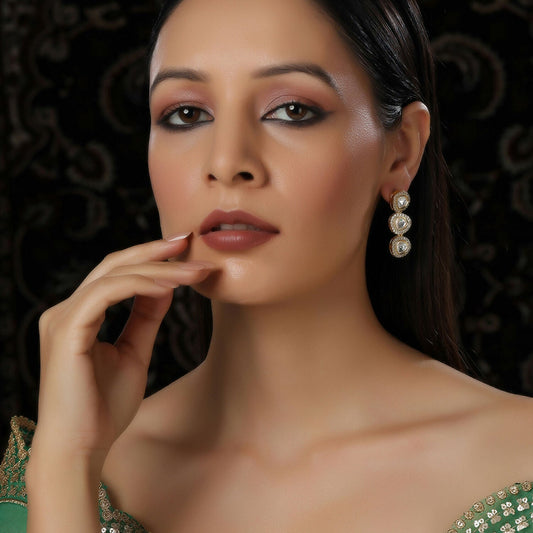 Uncut 3 Tier Kundan Dangler Earrings (Gold) - Ruby Raang - Ruby Raang Studio