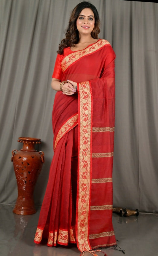 Exclusive Collection Beautiful Khadi Cotton Red Handloom Saree - Swadesiicart