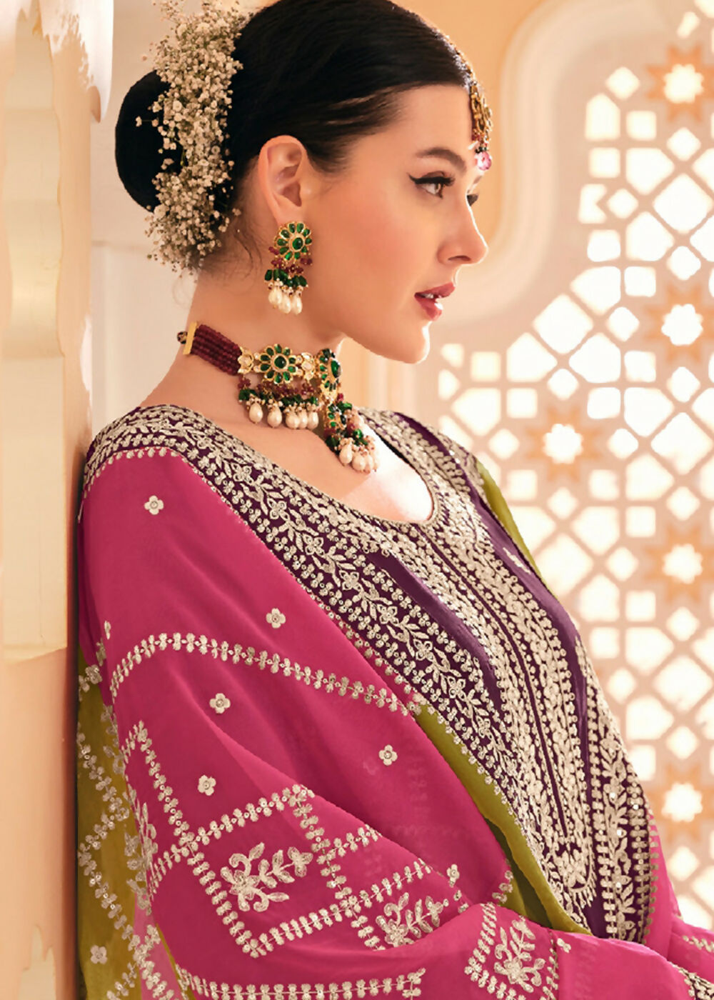 Dazzling Wine Embroidered Chinnon Palazzo Salwar Kurta - Emponline | Swadesiicart
