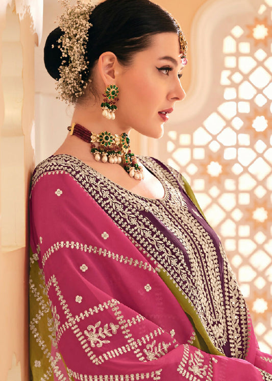 Dazzling Wine Embroidered Chinnon Palazzo Salwar Kurta - Emponline | Swadesiicart