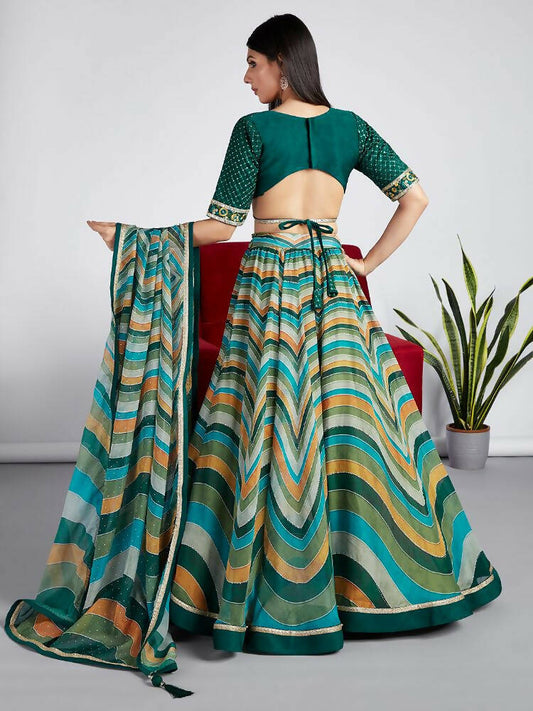 House of Panchhi Green Organza Siroski Stone Work Leheriya Print Lehenga Choli & Dupatta | Swadesiicart
