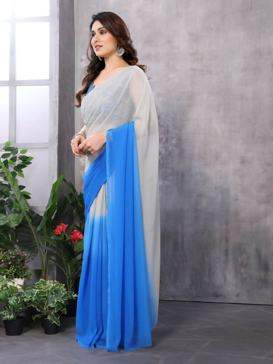 Partywear Designer White & Sky blue Georgette Fancy Saree - Satrangi | Swadesiicart