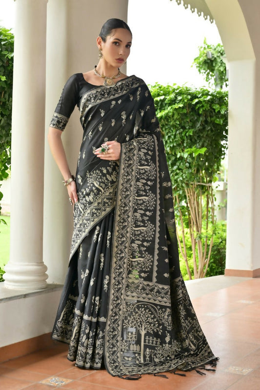 Vishnu Weaves Women's Black Handloom Raw Silk Thread Weaving Saree with Blouse - Swadesiicart