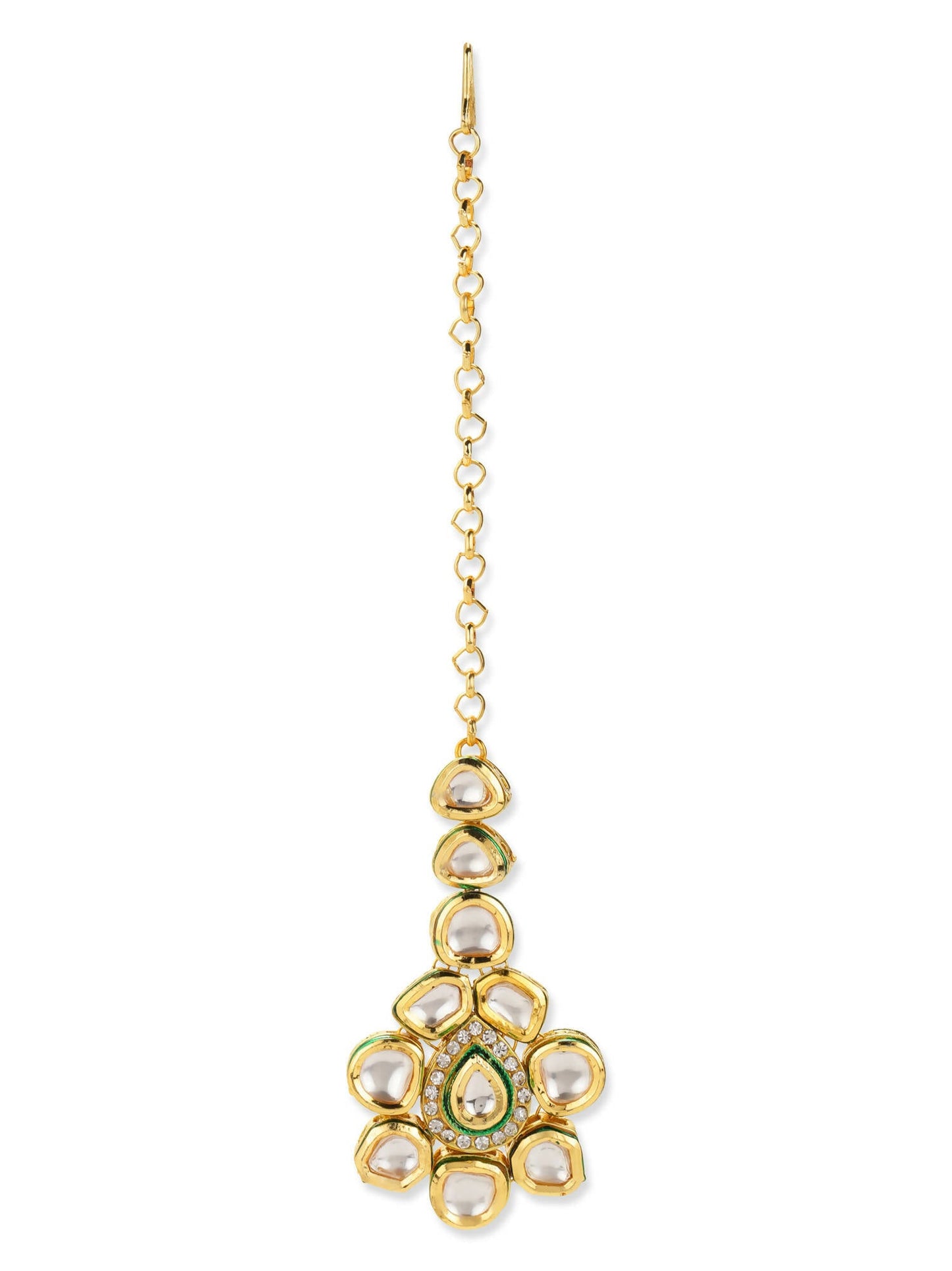 Gold-Polished Maharani Kundan Neckpiece With Earrings And Maang Tikka - Ruby Raang - Swadesiicart