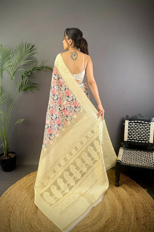 Joban Fashion Cream Floral Motifs Banarasi Silk Sarees | Swadesiicart