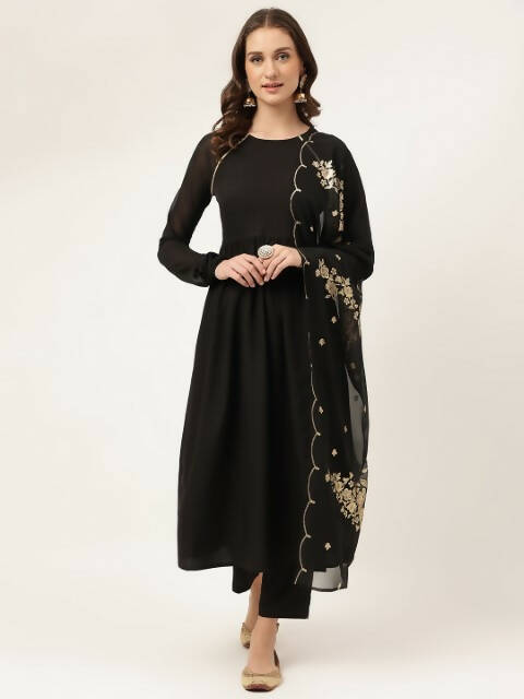 FIORRA Women's Black Poly Crepe Flared Kurta Pant With Dupatta - Swadesiicart