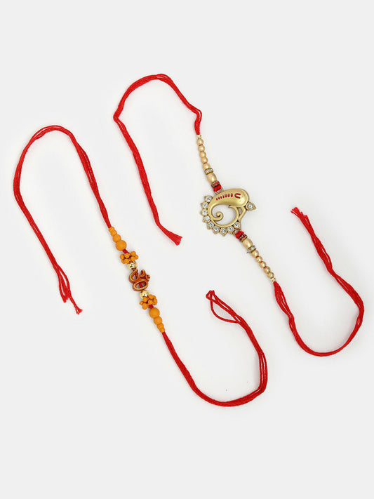 NVR Men Set of 2 Gold-Toned Ganesha Stone-Studded Rakhi With Roli Chawal | Swadesiicart