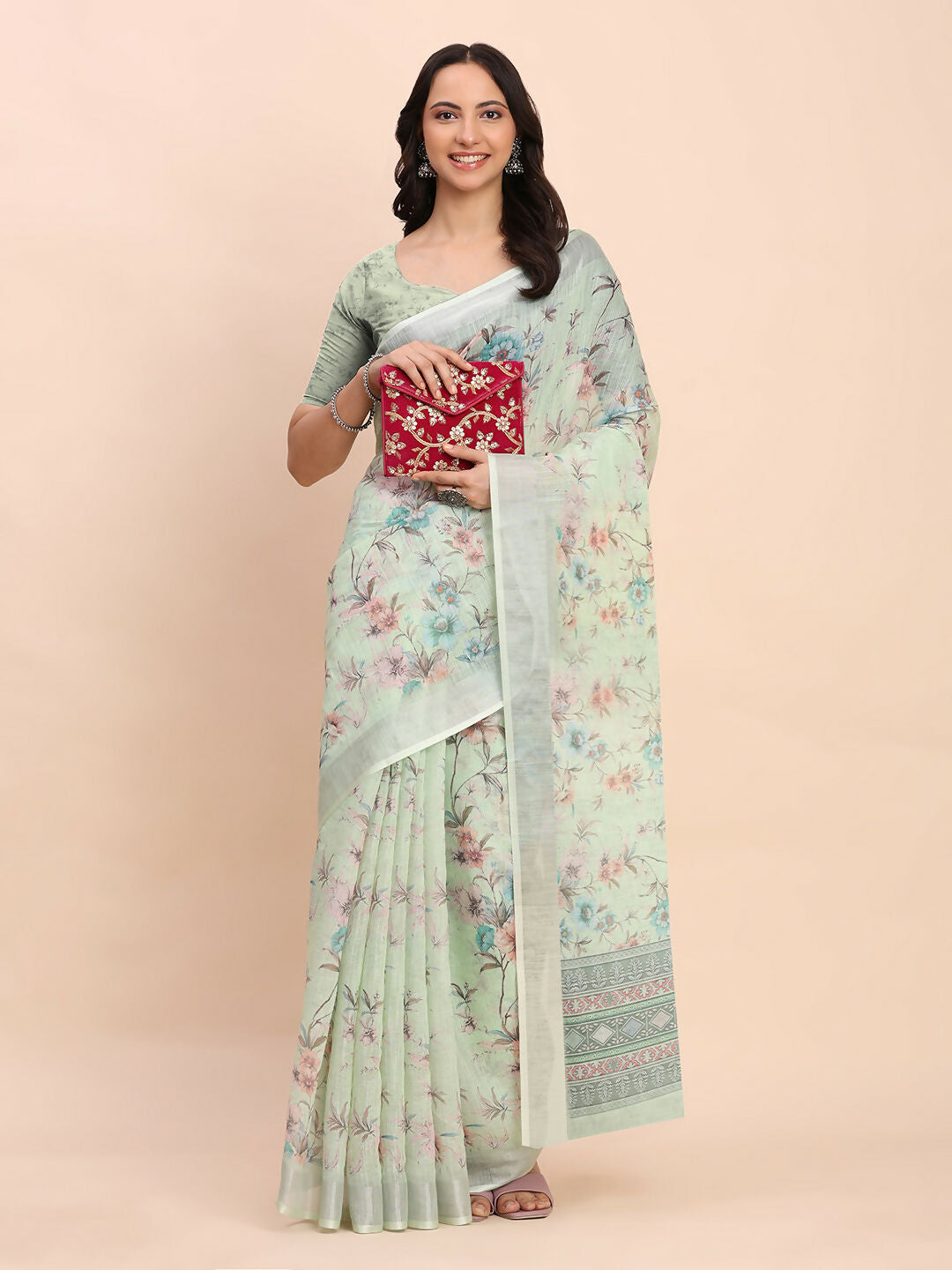 Shree Shyam Fashion Linen Cotton Light Green Saree