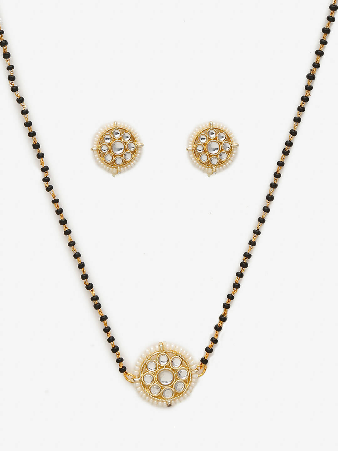 Gold-Polished Black Kundan Beaded Mangalsutra With Studs - Ruby Raang - Swadesiicart