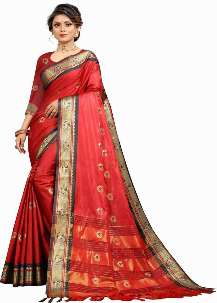 DEIANA'S Beautiful Designer Golden zari Soft Lichi Silk Saree - Red - Swadesiicart