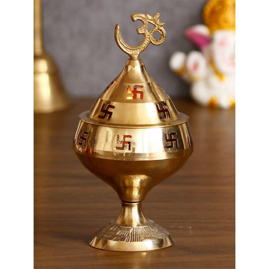 Swadesiicart Gold-Toned Om and Swastik Brass Diya