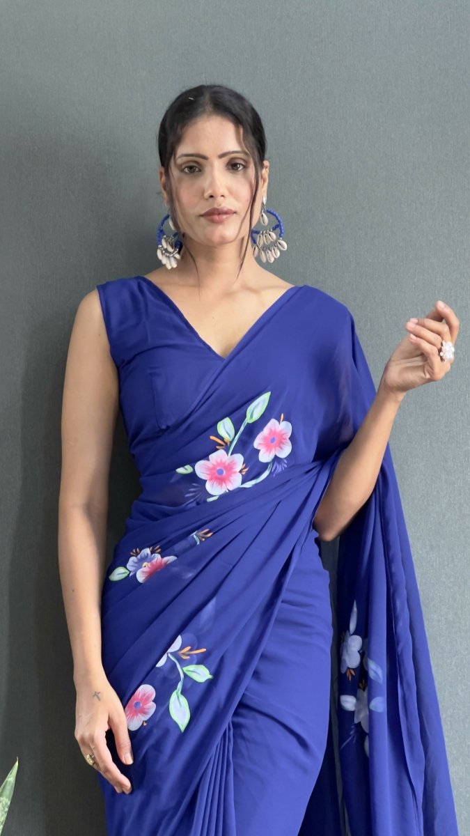Aayaa Designer 1 min Hand Painted Ready to Wear saree - Navy Blue | Swadesiicart