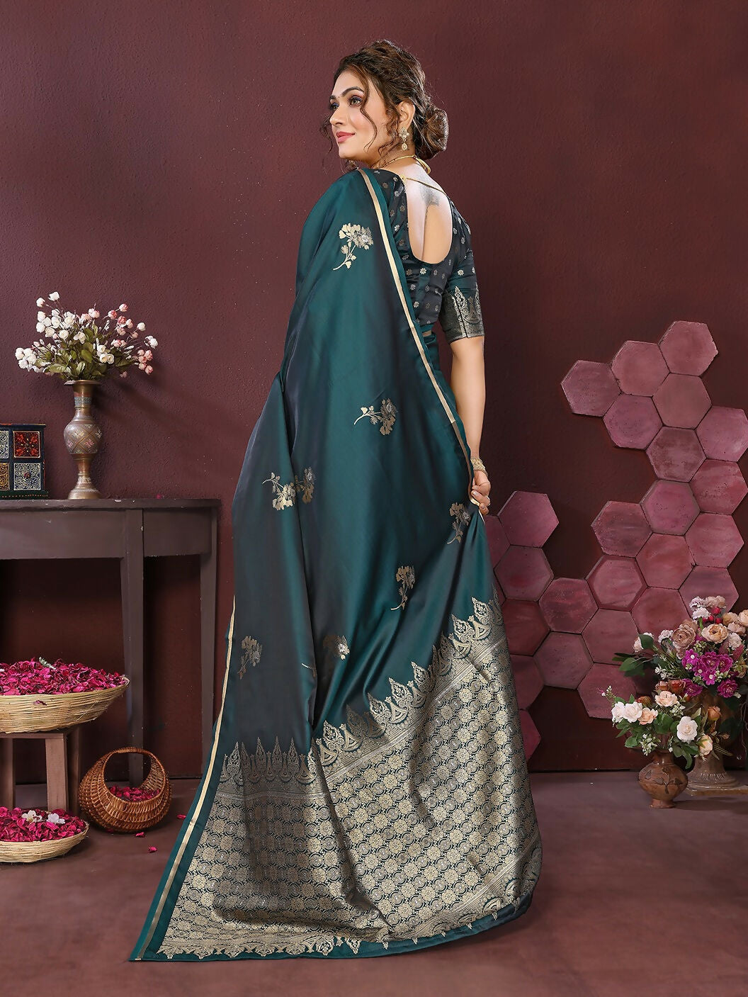 Joban Fashion Teal Floral Banarasi Silk Sarees | Swadesiicart