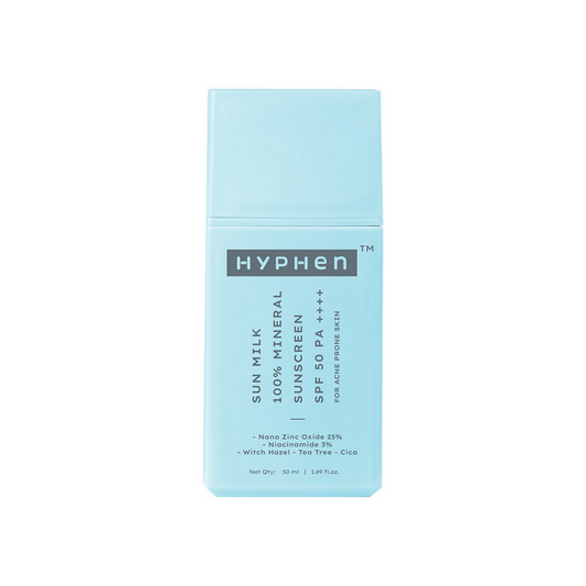 Hyphen Sun Milk 100% Mineral Sunscreen SPF 50 PA++++ 25% Nano Zinc Oxide For Acne Prone, Oily Skin | Swadesiicart