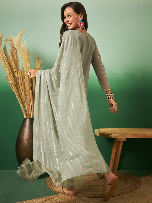 Light Green Georgette Handwork Unstitched Dress Material - Hanika | Swadesiicart