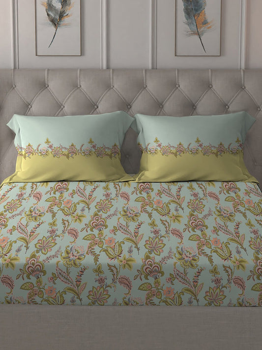 MYTRIDENT Blue White Floral Pure Cotton 144 TC Queen Bedsheet With 2 Pillow Covers - Swadesiicart