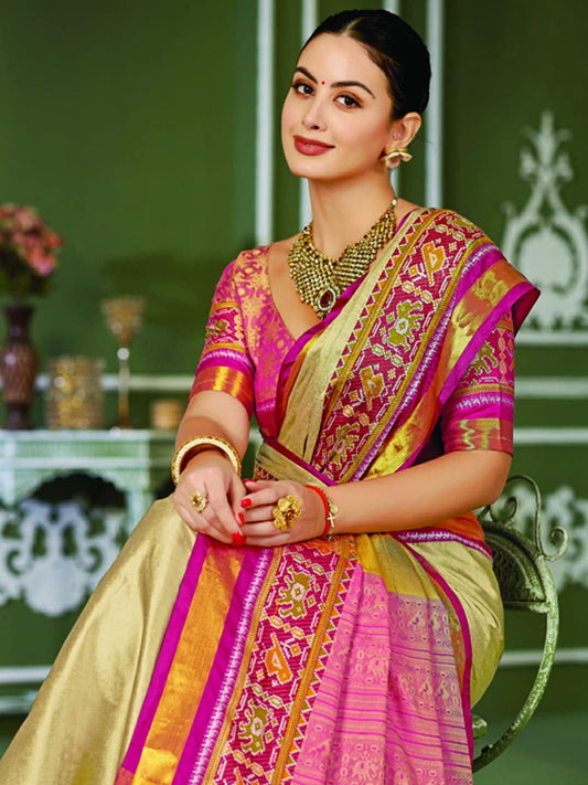 Mitera Beige & Pink Zari Pure Silk Banarasi Saree | Swadesiicart