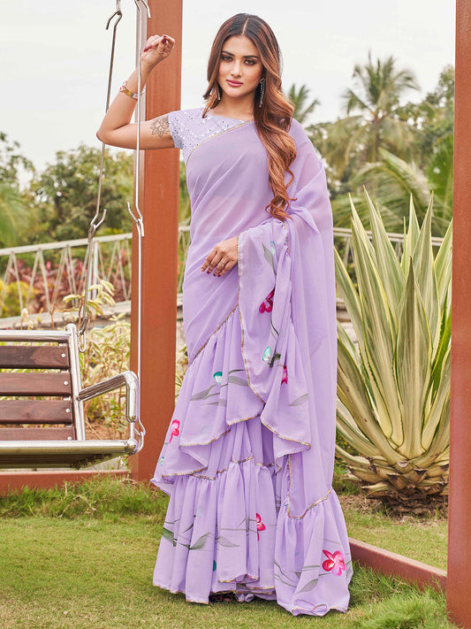 Tikhi Imli Printed Ruffle Saree With Mirror Embroidered Work Blouse | Swadesiicart