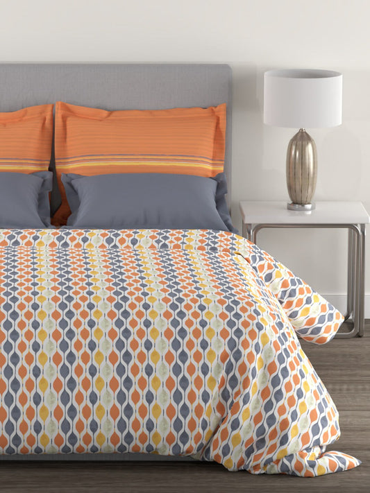MYTRIDENT Orange White Geometric Cotton 144 TC Queen Bedsheet With 2 Pillow Covers - Swadesiicart