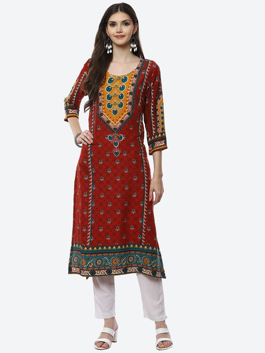 Biba Women Rust Floral Printed Kurta - Swadesiicart