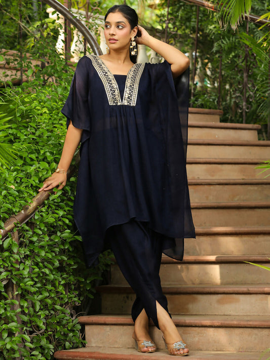 Janasya Navy Blue Silk Blend Yoke Embroidery Co-Ords - Swadesiicart